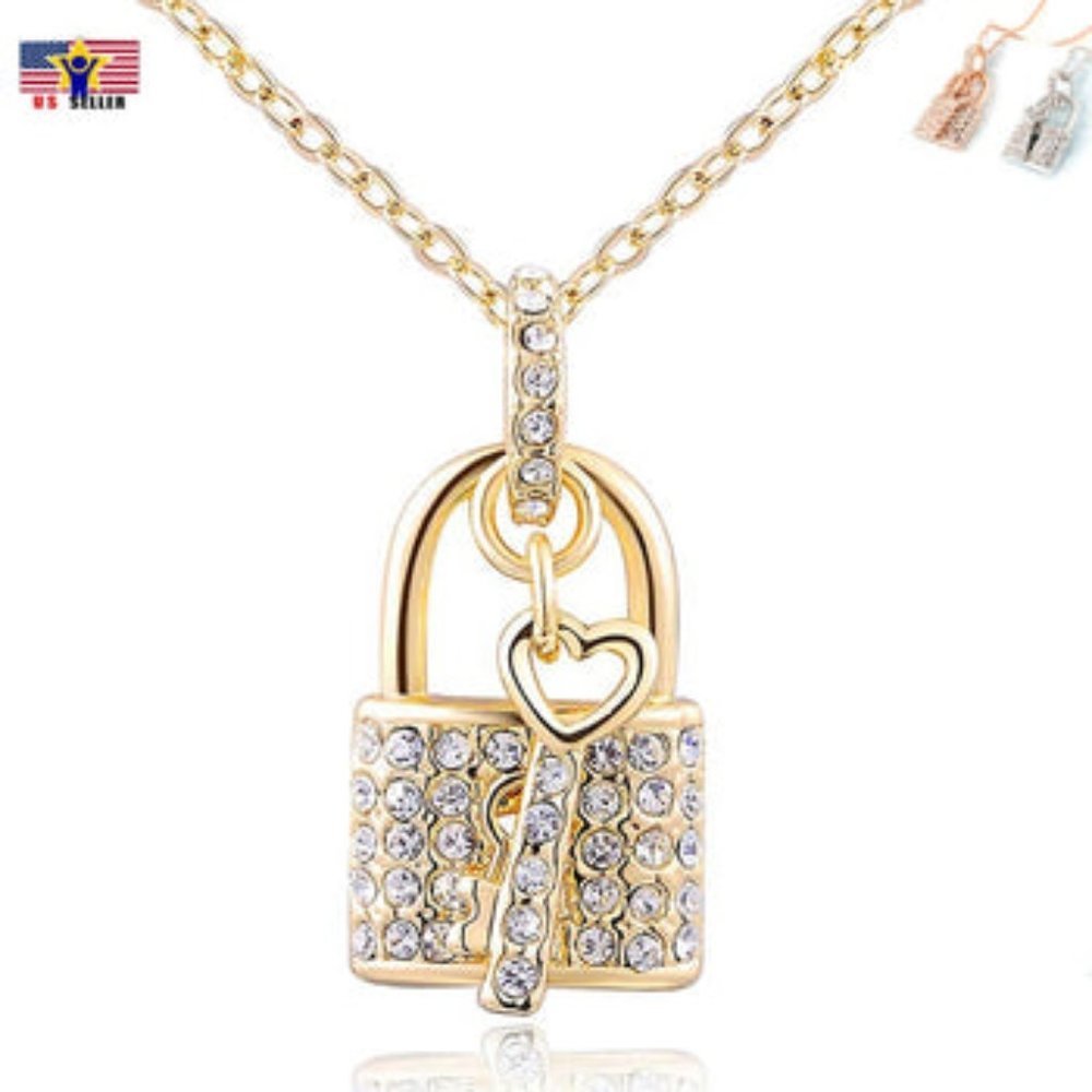 Love Lock & Key Crystal Chain Multi Statement Necklace Pendent Collar - Gold
